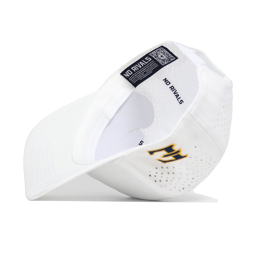 The white ETSU Golfing Buc Hat by No Rivals is displayed on its side, featuring a black and gold M logo on the front, "NO RIVALS" printed inside, ventilation holes, and an adjustable snapback. Officially licensed.