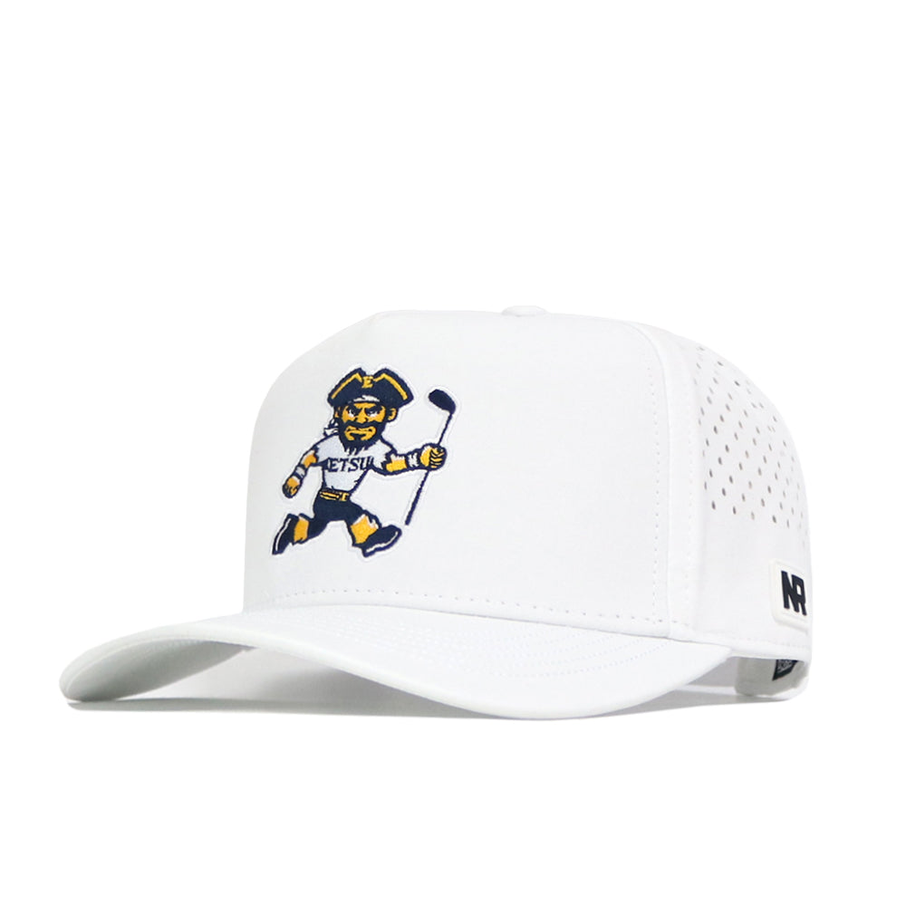 The ETSU Golfing Buc Hat - White by No Rivals features a cartoon pirate mascot golfing, is made from performance fabric with perforated panels, displays an NR logo on the side, and is officially licensed.