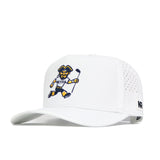 The ETSU Golfing Buc Hat - White by No Rivals features a cartoon pirate mascot golfing, is made from performance fabric with perforated panels, displays an NR logo on the side, and is officially licensed.