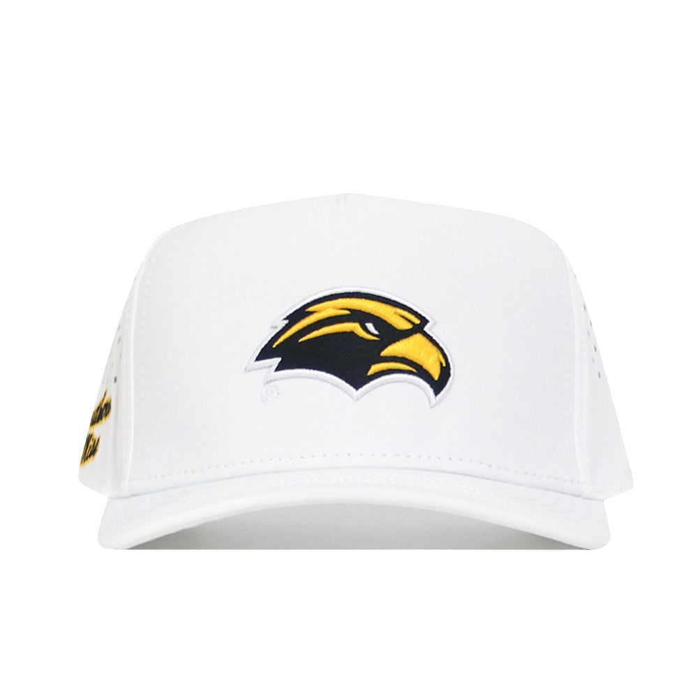 The Southern Miss Golf Hat - White by No Rivals features an officially licensed black and yellow eagle head embroidered on the front panel.