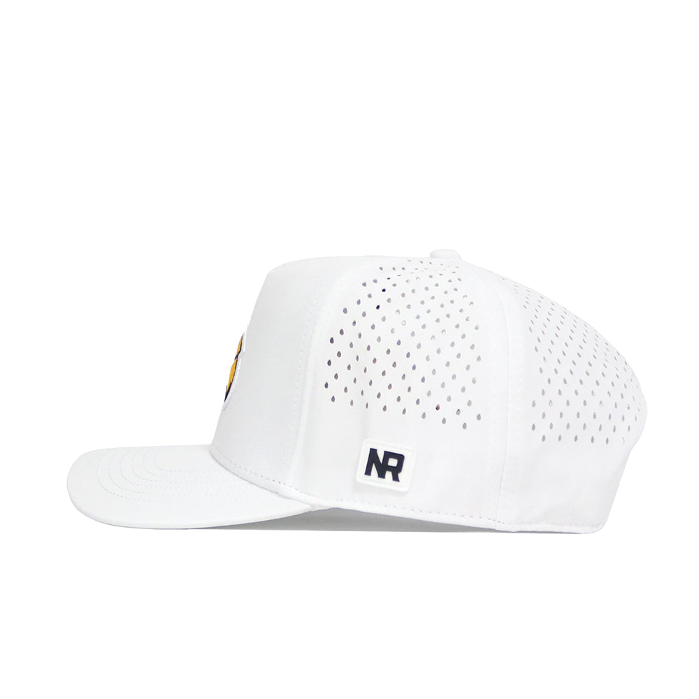 Side view of the Southern Miss Golf Hat - White by No Rivals, featuring small ventilation holes, an official black NR logo patch near the brim, and a classic snapback closure for an adjustable fit.