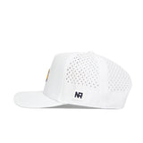 Side view of the Southern Miss Golf Hat - White by No Rivals, featuring small ventilation holes, an official black NR logo patch near the brim, and a classic snapback closure for an adjustable fit.
