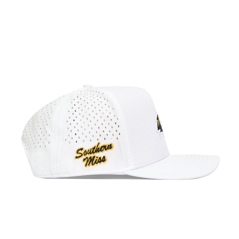 The No Rivals Southern Miss Golf Hat - White features perforated side panels, a gold and black embroidered Southern Miss logo on the left, a curved bill, and an adjustable snapback for a custom fit.