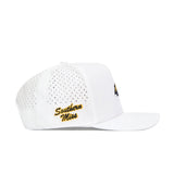 The No Rivals Southern Miss Golf Hat - White features perforated side panels, a gold and black embroidered Southern Miss logo on the left, a curved bill, and an adjustable snapback for a custom fit.