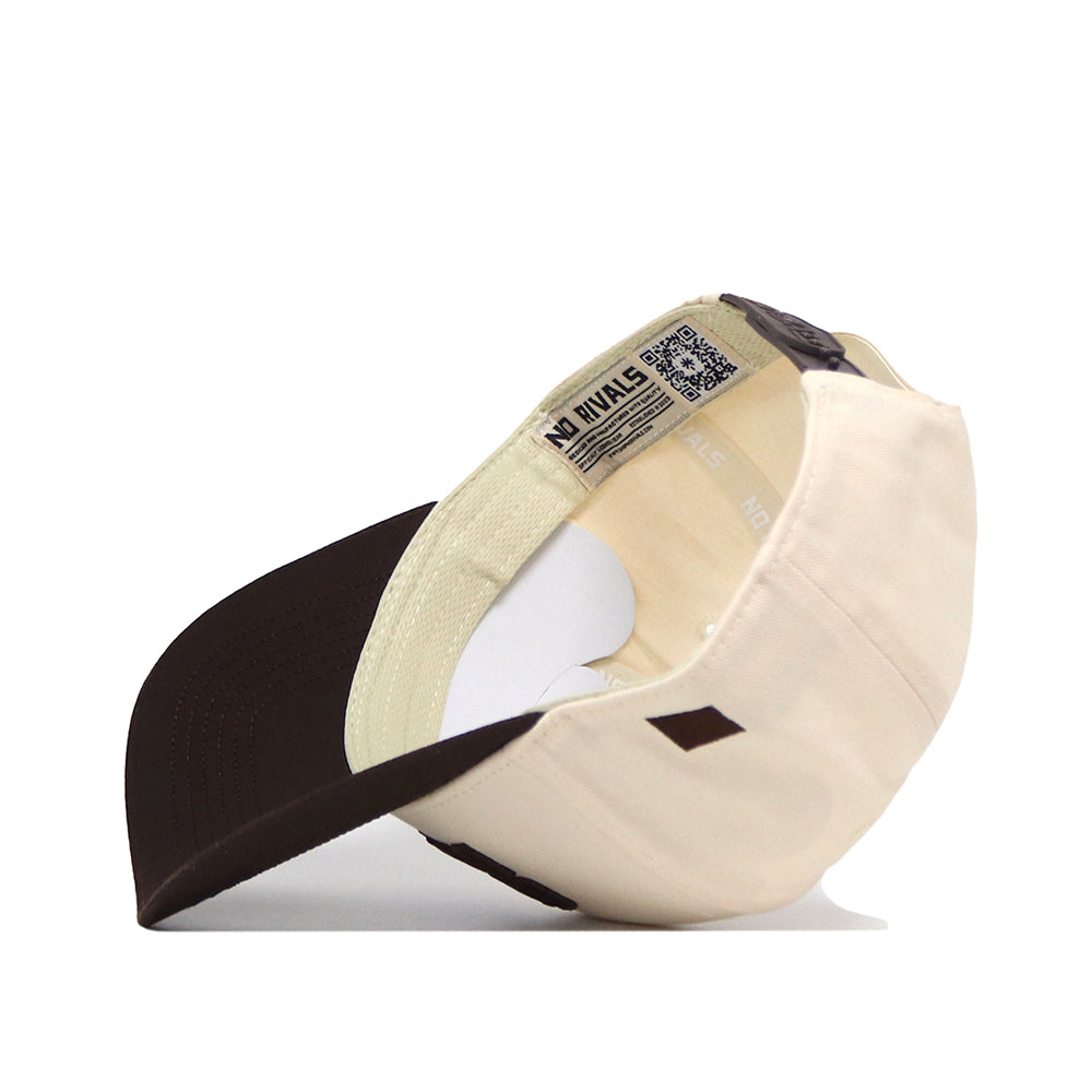 The No Rivals Colorado Buffaloes Espresso Hat is pictured upside down to display its interior label, QR code, and snapback adjuster band. The brim features a rich espresso (dark brown) color, while the off-white crown proudly showcases an embroidered Colorado Buffaloes logo for a distinctive touch.