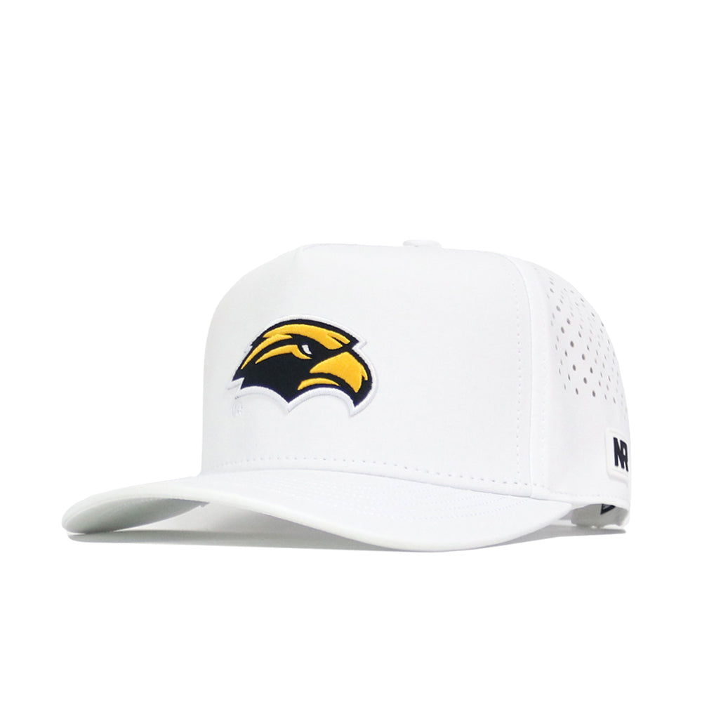 The No Rivals Southern Miss Golf Hat - White is a snapback cap with an officially licensed yellow and black eagle head logo embroidered on the front and side ventilation holes.