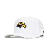 The No Rivals Southern Miss Golf Hat - White is a snapback cap with an officially licensed yellow and black eagle head logo embroidered on the front and side ventilation holes.