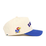 The No Rivals Right Side Up KANSAS Hat features classic colors, KU embroidered on the side, a colorful Jayhawk logo near the back, and is crafted from high-quality cotton for a structured fit.