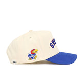 The Upside Down KANSAS Hat by No Rivals features classic Kansas Jayhawks colors in white and blue, designed as a snapback and crafted from high-quality cotton.