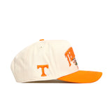 The Tennessee Stadium Hat by No Rivals is a crisp white snapback with an orange brim, orange embroidered T on the side, vibrant front graphics, and crafted from high-quality cotton for a structured fit.
