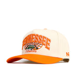 The No Rivals Tennessee Stadium Hat features “Tennessee” and “Volunteers” embroidery, a football stadium graphic, orange brim, side “N” logo, and structured cotton fit in cream and orange.