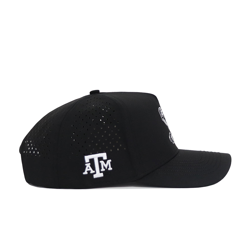 The No Rivals Texas A&M Ol' Sarge Basketball Hat in black features a structured fit, side ventilation holes, and an embroidered white "ATM" logo near the brim. Made from a polyester cotton blend with a snapback closure. Shown in side profile on white.