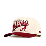 The Alabama Stride Hat by No Rivals is a cream and crimson snapback featuring CRIMSON TIDE ALABAMA, a large scripted A on the front, crimson brim and accents, NR letters on the side, and high-quality cotton for a structured fit.