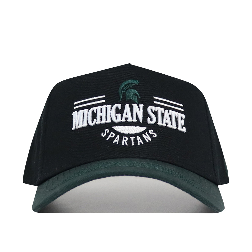 The No Rivals Michigan State Tailgate Hat is a black snapback with a white and green Spartan helmet logo on the front, a dark green curved brim, structured fit, and high-quality cotton for comfort.