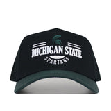 The No Rivals Michigan State Tailgate Hat is a black snapback with a white and green Spartan helmet logo on the front, a dark green curved brim, structured fit, and high-quality cotton for comfort.