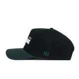 The Michigan State Tailgate Hat by No Rivals is a structured black cotton baseball cap with a dark green brim, NR embroidered in green on the back, partially visible white text on the front, and shown in profile from the side.