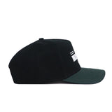 The No Rivals Michigan State Tailgate Hat is a black snapback with a dark green brim, shown side-on against a white background. It features partial white embroidered text, two white lines on the front, and is made from high-quality cotton.