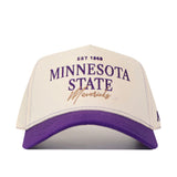 A No Rivals Minnesota State Mankato Vintage Hat in white and purple, featuring "EST 1868 MINNESOTA STATE Mavericks" officially licensed and boldly embroidered on the front in purple and gold letters.