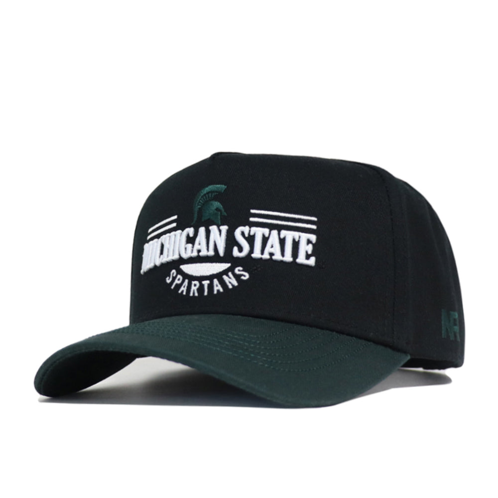 The No Rivals Michigan State Tailgate Hat is a structured-fit black and green snapback featuring an embroidered Spartan helmet logo on the front, crafted from high-quality cotton.
