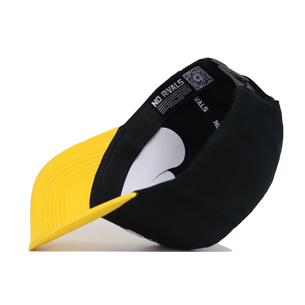 The App State Tailgate Hat by No Rivals is a black and yellow structured fit snapback, shown sideways to display a yellow bill, black crown, inner labels with "NO RIVALS," and a QR code.