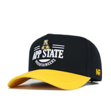 The App State Tailgate Hat by No Rivals is a black and yellow structured fit cap featuring "App State Mountaineers" embroidered in white and yellow, with "NR" on the brim. Officially licensed for authenticity.