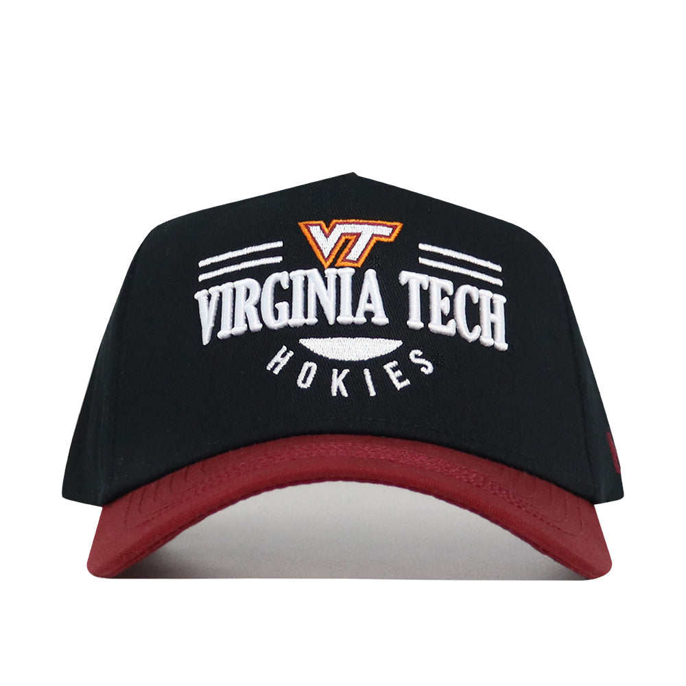 The Virginia Tech Tailgate Hat by No Rivals is a black and maroon snapback with the VT logo and "Virginia Tech Hokies" embroidered on the front, made from high-quality cotton for a comfortable, structured fit.