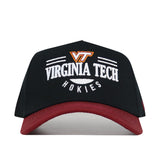 The Virginia Tech Tailgate Hat by No Rivals is a black and maroon snapback with the VT logo and "Virginia Tech Hokies" embroidered on the front, made from high-quality cotton for a comfortable, structured fit.