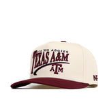 The No Rivals Texas A&M Stride Hat is a high-quality cotton snapback featuring "Texas A&M" and "Gig Em Aggies" embroidery, a maroon brim, the ATM logo, and a structured fit for comfort and style.