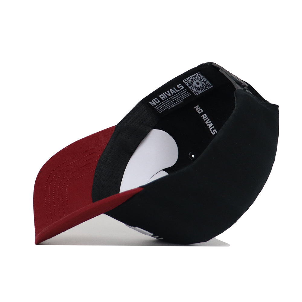 The Virginia Tech Tailgate Hat by No Rivals is a two-tone snapback with a black crown and red brim. Shown upside down, it reveals the “NO RIVALS” inner band and a QR code on the high-quality cotton lining.