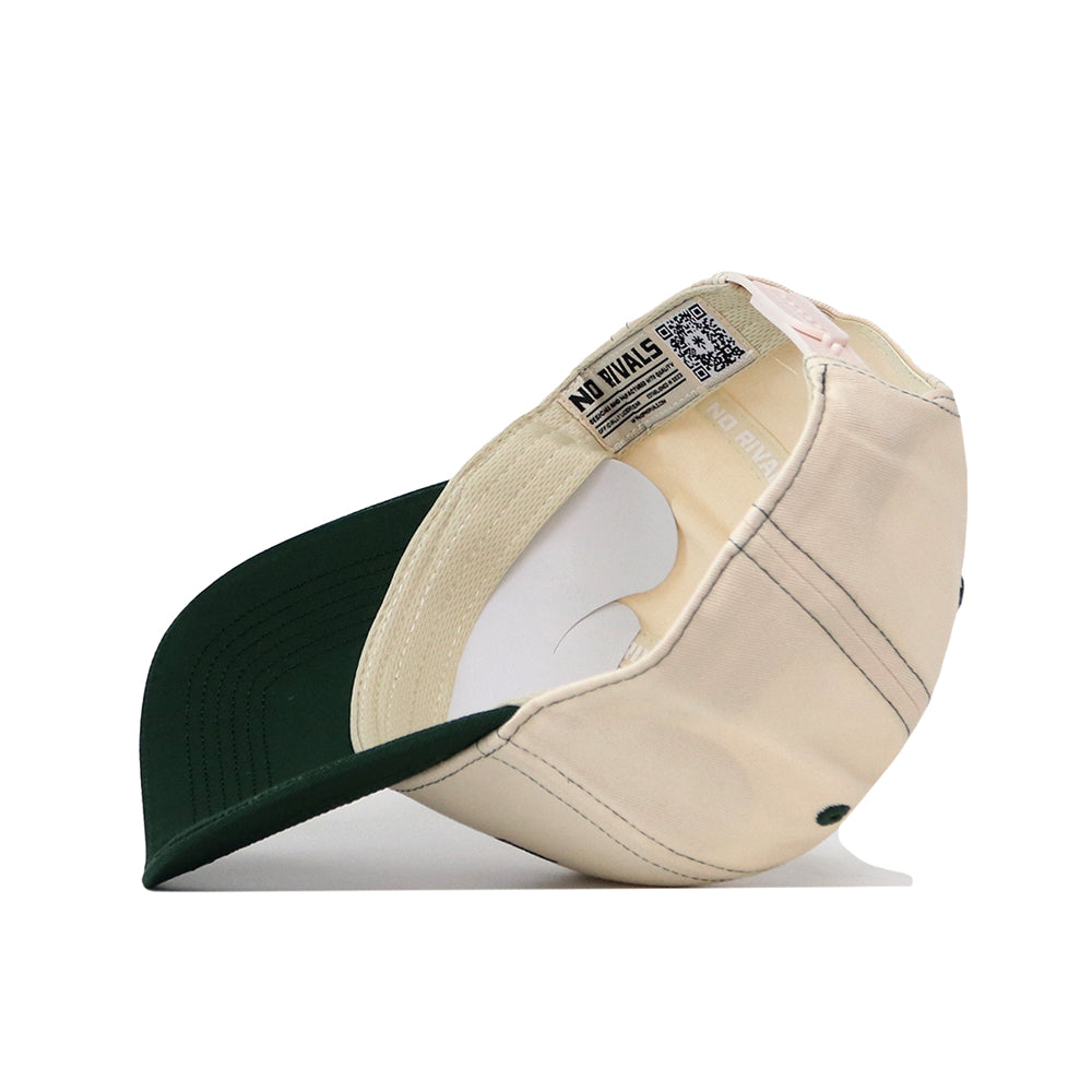 A Baylor Bears Vintage Hat by No Rivals, featuring a beige and dark green colorway, is displayed in a side view, highlighting the inside label, stitching details, and a QR code on the inner band. Crafted from high-quality cotton, this one-size-fits-all snapback cap has a curved brim facing left.