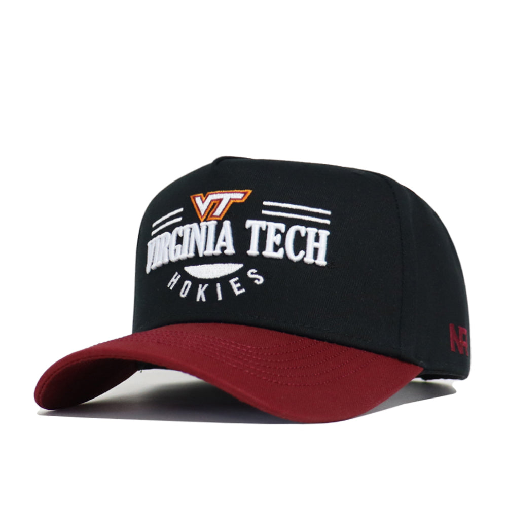The No Rivals Virginia Tech Tailgate Hat is a high-quality black cotton snapback with a maroon brim, featuring "Virginia Tech Hokies" embroidered in white and orange on the front.