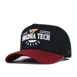 The No Rivals Virginia Tech Tailgate Hat is a high-quality black cotton snapback with a maroon brim, featuring "Virginia Tech Hokies" embroidered in white and orange on the front.