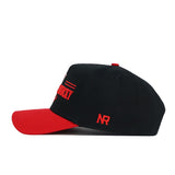The No Rivals Western Kentucky Tailgate Hat is a black snapback made of high quality cotton, featuring a red brim and red embroidered details, including NR on the side and additional red text and lines on the front.