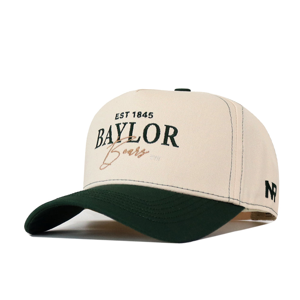 Introducing the Baylor Bears Vintage Hat by No Rivals—crafted from high-quality cotton in beige and dark green. This snap-back cap features “EST 1845 BAYLOR Bears” embroidered on the front, an N logo on the side, and is designed with a one-size-fits-all adjustable closure for comfort and versatility.