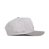 The No Rivals Alabama Graphite Hat features a six-panel light gray structured design, a flat brim, and embroidered Crimson Tide script on the side. The hat is shown from the side to highlight its details.