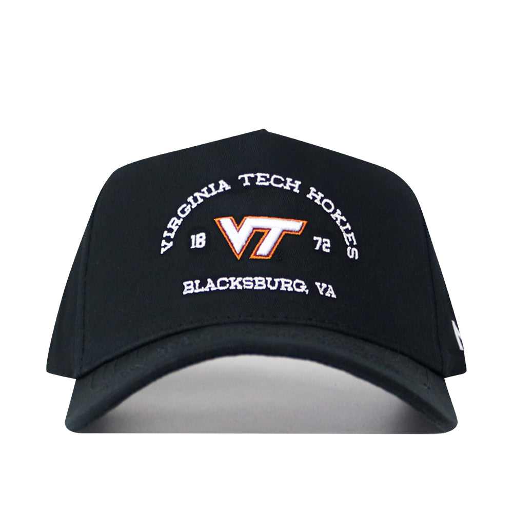 The No Rivals Virginia Tech Outlaw Hat in black features an embroidered logo with "Virginia Tech Hokies," "VT," "1872," and "Blacksburg, VA" stitched in white and orange on the front. Perfect for your gameday fit, this cap also offers a convenient snapback closure for a comfortable, customizable wear.