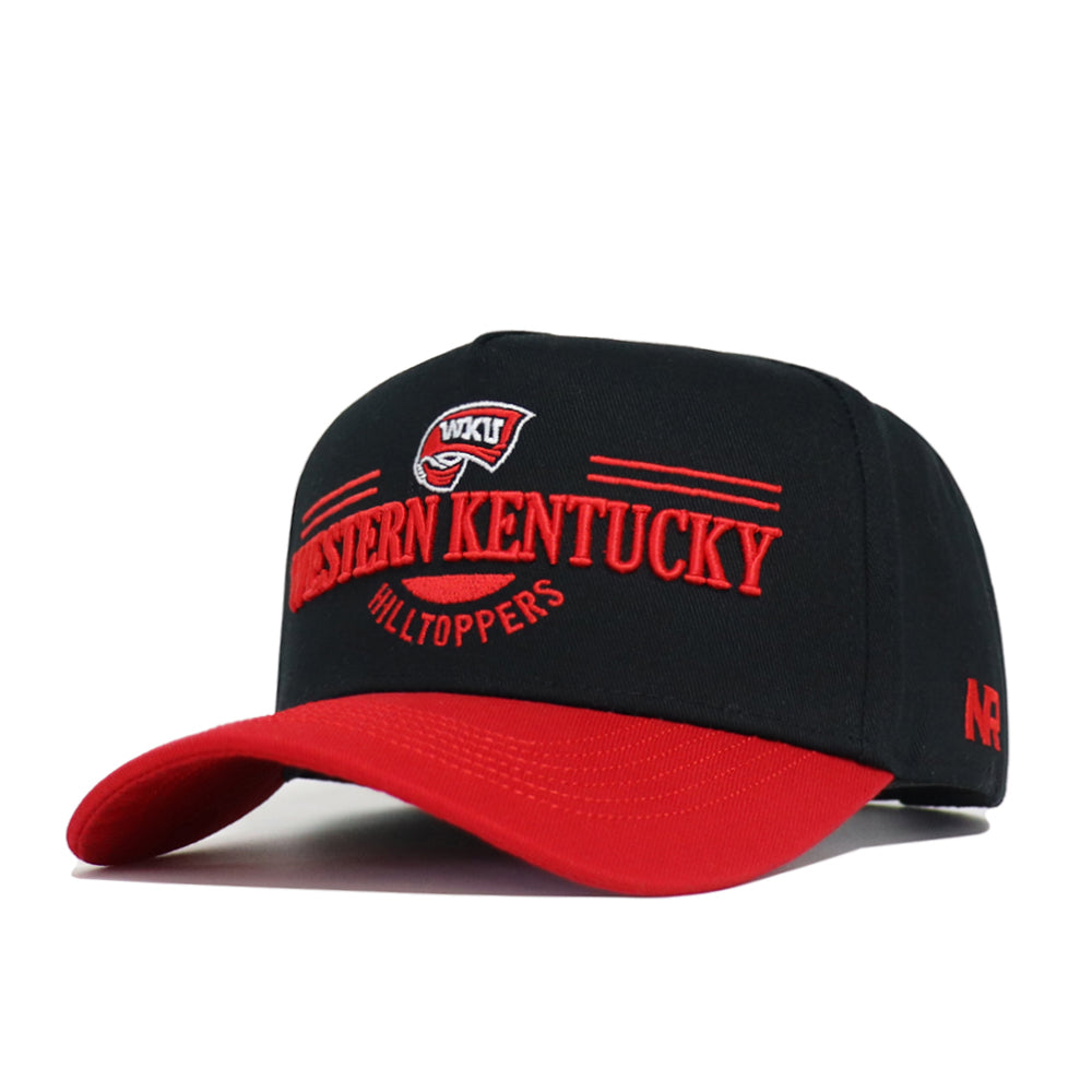 The No Rivals Western Kentucky Tailgate Hat is a black and red snapback cap with a curved red brim, black crown, and the Hilltoppers logo embroidered on the front in red. Made from high-quality cotton.
