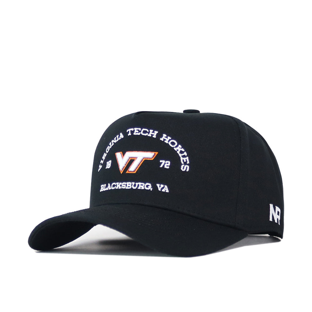 Introducing the Virginia Tech Outlaw Hat - Black by No Rivals: This black baseball cap features "Virginia Tech Hokies" and "Blacksburg, VA" delicately embroidered in white, accented with a bold orange and white VT logo on the front. The adjustable snap back ensures a comfortable fit, making it an essential piece for your gameday outfit.