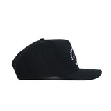 The No Rivals Alabama Outlaw Hat - Black is a structured snapback with a flat brim, shown from the side. White and red embroidery partially appears on the front panel.