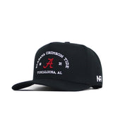 The Alabama Outlaw Hat - Black by No Rivals is a structured black snapback featuring white embroidered ALABAMA CRIMSON TIDE, TUSCALOOSA, AL, a red A logo on the front, and NR on the side. Made from high quality cotton for comfort.