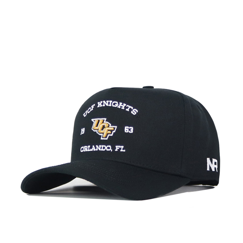 Introducing the UCF Outlaw Hat - Black by No Rivals, featuring "UCF Knights 1963 Orlando, FL" and a gold embroidered logo on the front. The white-stitched NR letters on the side represent No Rivals branding, while its snapback design ensures the perfect gameday fit.