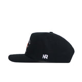 The No Rivals Tennessee Outlaw Hat in black is a snapback baseball cap with white and red embroidery on the front panel and an embroidered NR logo in white on the back.