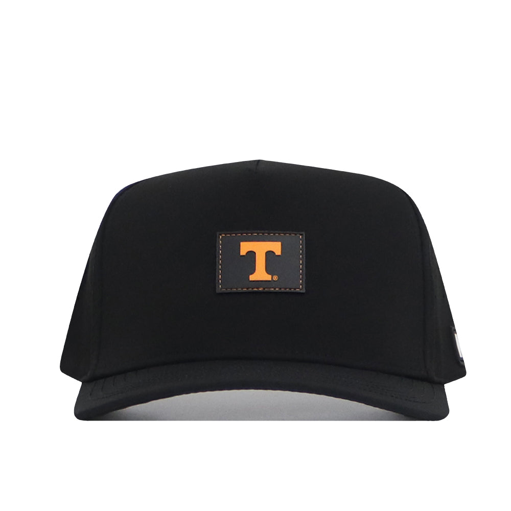 The No Rivals Tennessee Trainer Hat is a black snapback with a curved brim, featuring an orange T logo on a rectangular PVC patch for a simple, modern look.