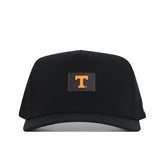 The No Rivals Tennessee Trainer Hat is a black snapback with a curved brim, featuring an orange T logo on a rectangular PVC patch for a simple, modern look.