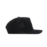 The No Rivals Tennessee Trainer Hat is a black snapback with a flat brim, side ventilation holes, and a sleek PVC patch logo. Crafted from a lightweight performance blend for comfort and style.