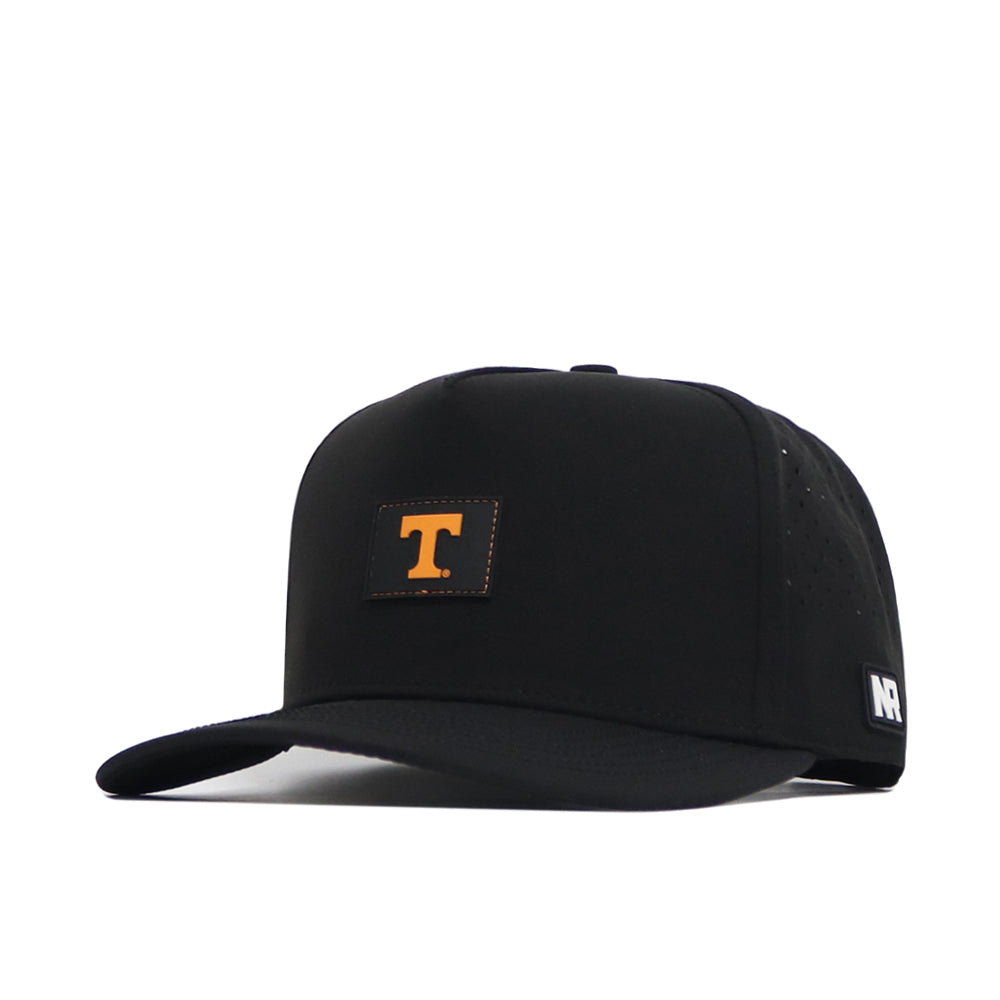 The No Rivals Tennessee Trainer Hat is a black snapback with a flat brim, featuring an orange T PVC patch on the front and a white NR logo tag on the side.