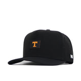 The No Rivals Tennessee Trainer Hat is a black snapback with a flat brim, featuring an orange T PVC patch on the front and a white NR logo tag on the side.