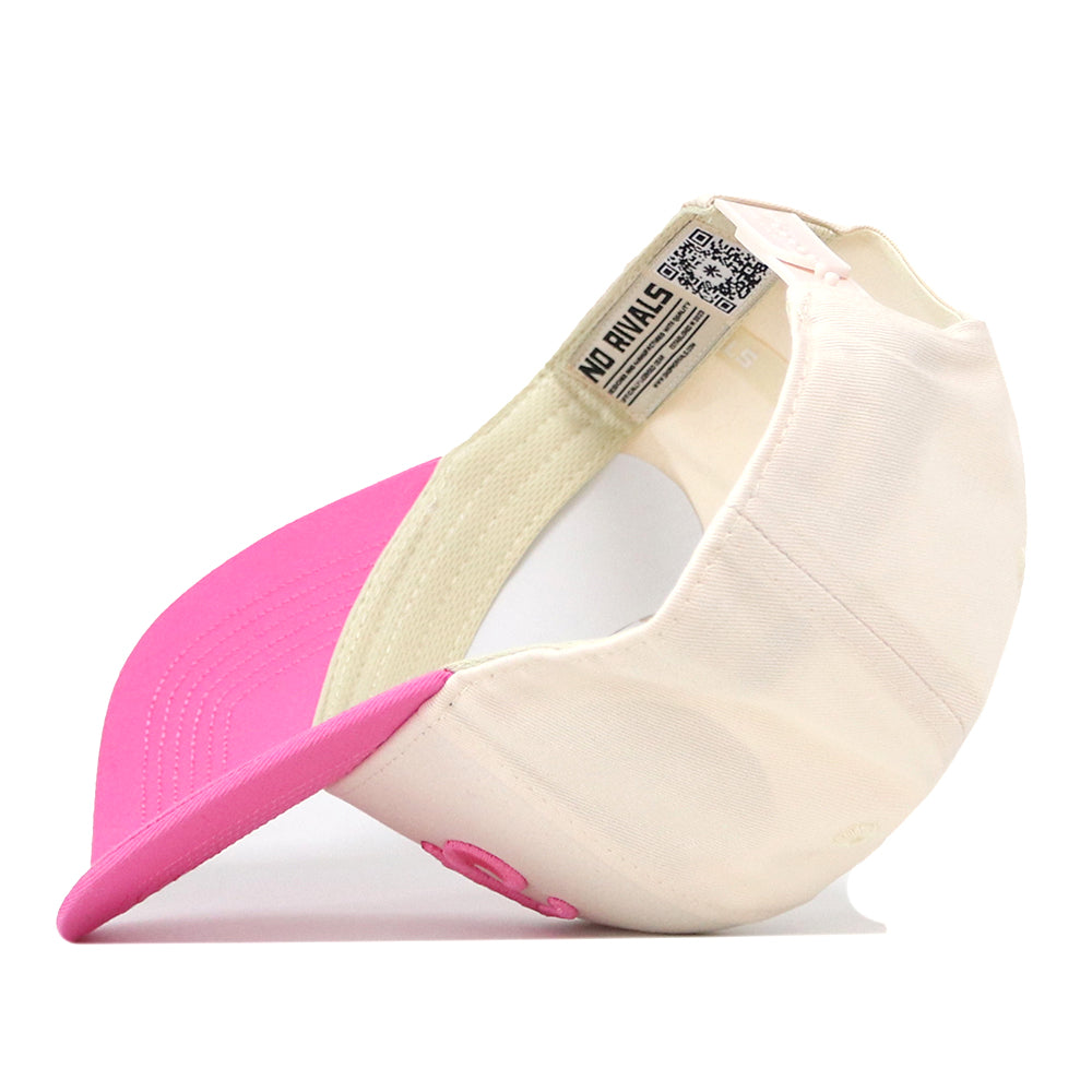 The Michigan State Pink Out Hat by No Rivals is shown turned inside out, revealing a QR code and a NO RIVALS label on the inner band. Featuring a snap back closure, this officially licensed cap combines stylish pink and white design with support for breast cancer awareness.
