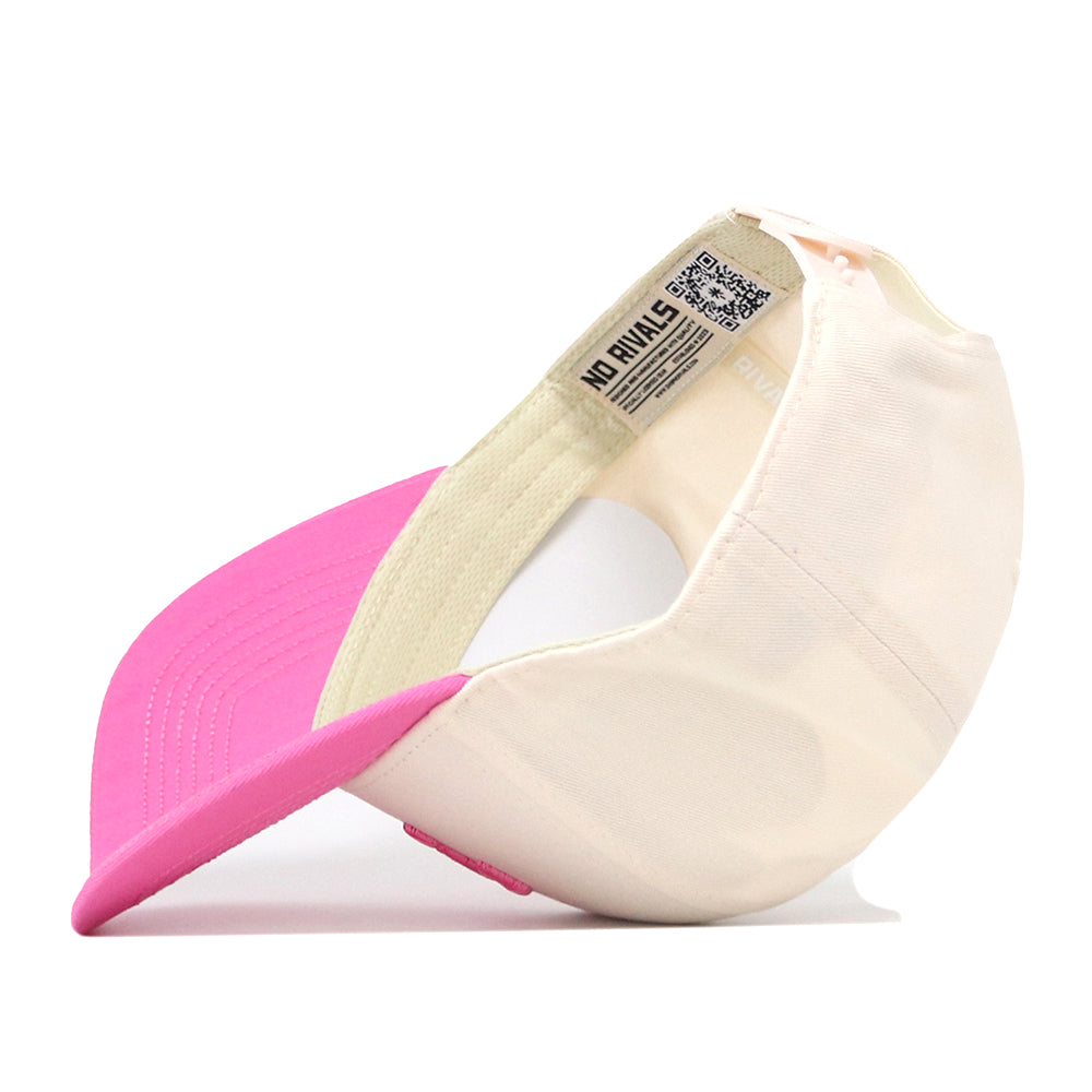 The TCU Pink Out Hat by No Rivals is displayed upside down, highlighting its inside label, premium cotton lining, and adjustable snap back strap.