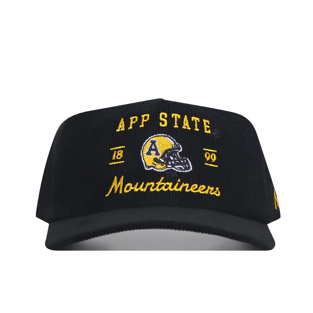 App State Vintage Helmet Cord Hat - Black in unstructured corduroy, embroidered with APP STATE, a football helmet logo, the years 18 and 99, and the word Mountaineers in yellow.